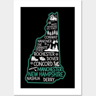 New Hampshire Manchester cute map Conway Hanover Rochester Dover Nashua Derry The Granite State Posters and Art